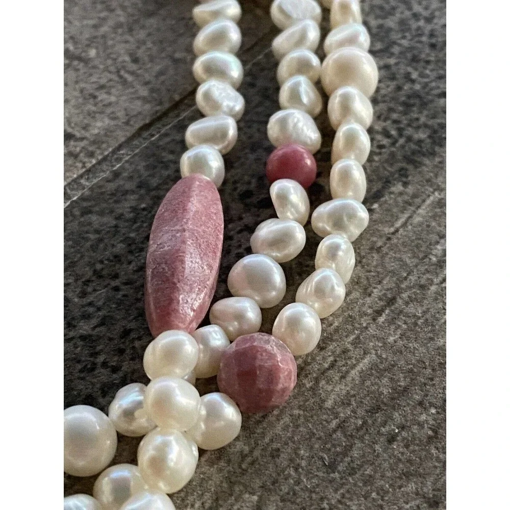 Necklace Pearls Rhodonite Three Strands 17”+3” 925 Findings Artisan